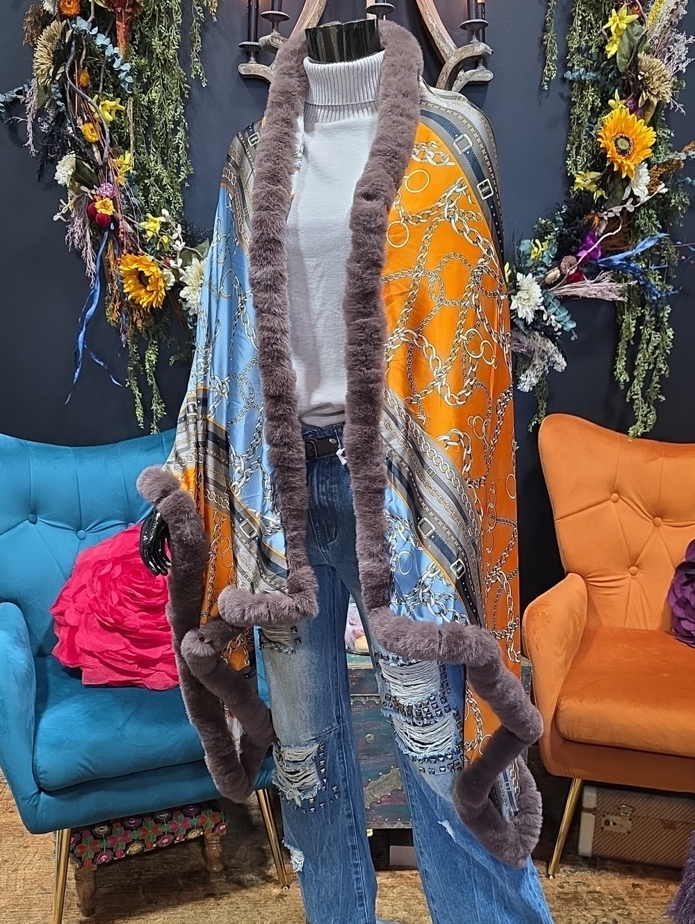 La Fiorentina Blue & Orange Printed Bit Pattern & Faux Fur Shawl